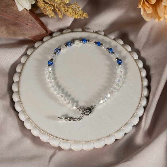 Bracelet Adjustable handmade Clear Crystal Turkish Eye For women Color Blue Gift - Picture 6 of 7